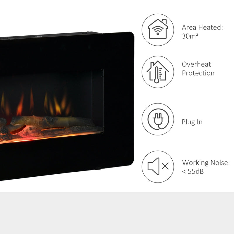 HOMCOM Electric Wall-Mounted Fireplace Heater with Adjustable Flame Effect, Remote Control, Timer, 1800/2000W, Black Wall-Mount W/ Effect Control