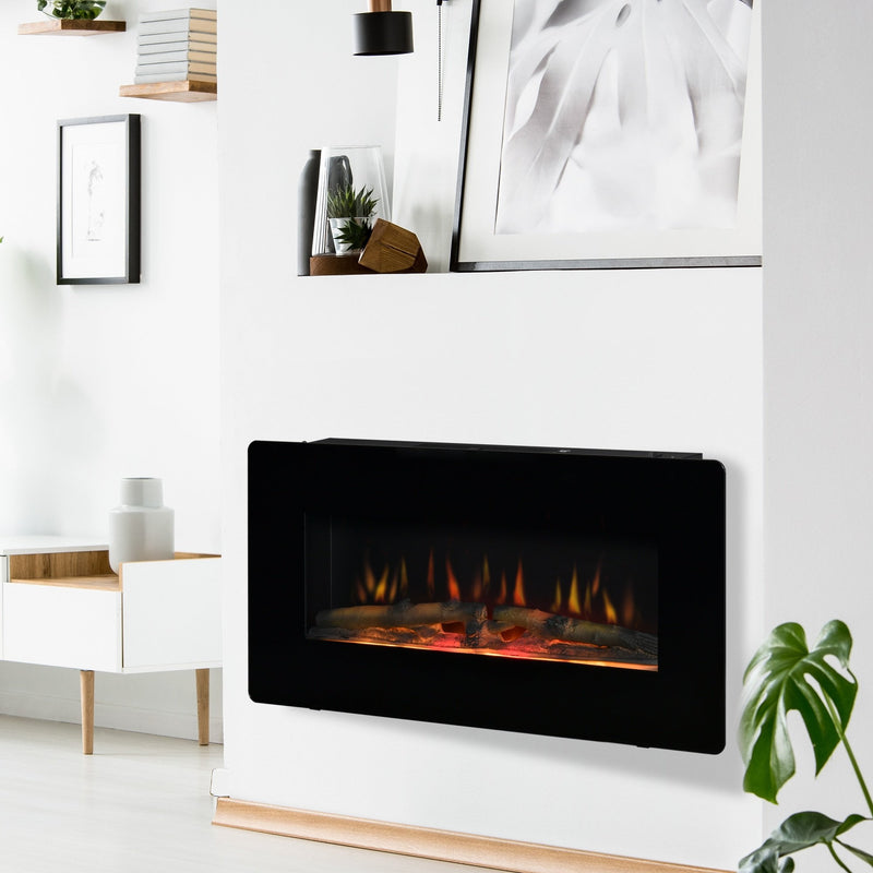 HOMCOM Electric Wall-Mounted Fireplace Heater with Adjustable Flame Effect, Remote Control, Timer, 1800/2000W, Black Wall-Mount W/ Effect Control