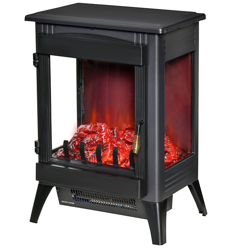 HOMCOM Free standing Electric Fireplace Stove, Fireplace Heater with LED Flame Effect, 3-sided Tempered Glass, Overheat Protection, 1000W/2000W, Black Freestanding Stove