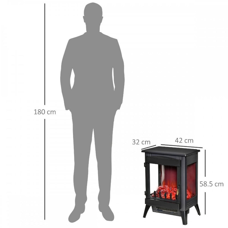 HOMCOM Free standing Electric Fireplace Stove, Fireplace Heater with LED Flame Effect, 3-sided Tempered Glass, Overheat Protection, 1000W/2000W, Black Freestanding Stove