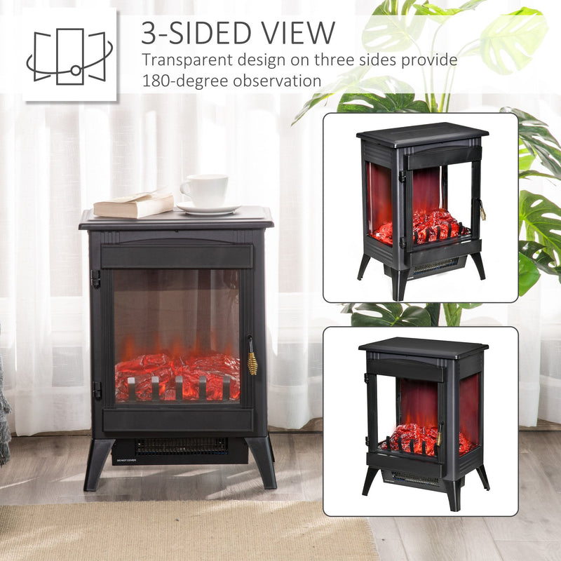HOMCOM Free standing Electric Fireplace Stove, Fireplace Heater with LED Flame Effect, 3-sided Tempered Glass, Overheat Protection, 1000W/2000W, Black Freestanding Stove