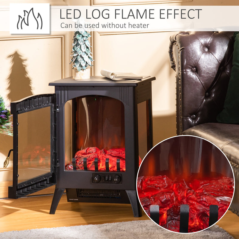 HOMCOM Free standing Electric Fireplace Stove, Fireplace Heater with LED Flame Effect, 3-sided Tempered Glass, Overheat Protection, 1000W/2000W, Black Freestanding Stove