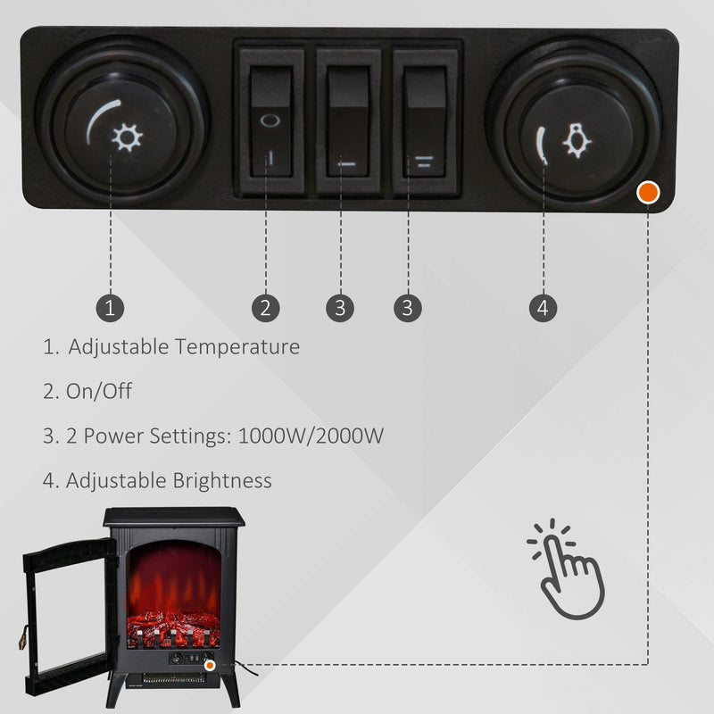 HOMCOM Free standing Electric Fireplace Stove, Fireplace Heater with LED Flame Effect, 3-sided Tempered Glass, Overheat Protection, 1000W/2000W, Black Freestanding Stove