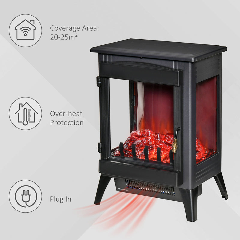 HOMCOM Free standing Electric Fireplace Stove, Fireplace Heater with LED Flame Effect, 3-sided Tempered Glass, Overheat Protection, 1000W/2000W, Black Freestanding Stove