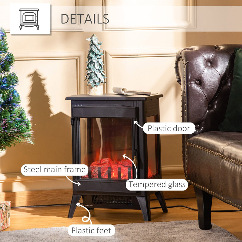 HOMCOM Free standing Electric Fireplace Stove, Fireplace Heater with LED Flame Effect, 3-sided Tempered Glass, Overheat Protection, 1000W/2000W, Black Freestanding Stove