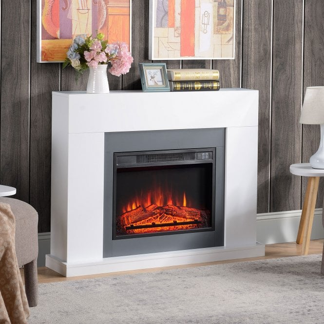 Electric Fireplace Suite with Remote Control, 2000W Freestanding Fireplace Heater with LED Flame Effect, Overheat Protection, 7-Day Programmable Timer, White w/ Control Effect Timer