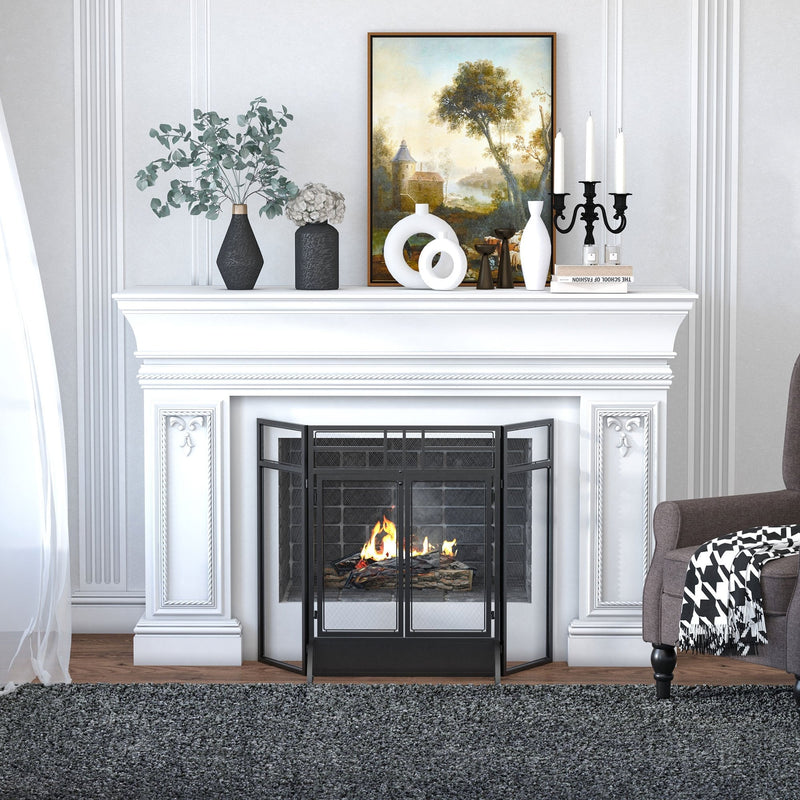 HOMCOM 3-Panel Folding Fireplace Screen with Door, Freestanding Spark Guard, Metal Mesh Fireguard, Black Door Mesh