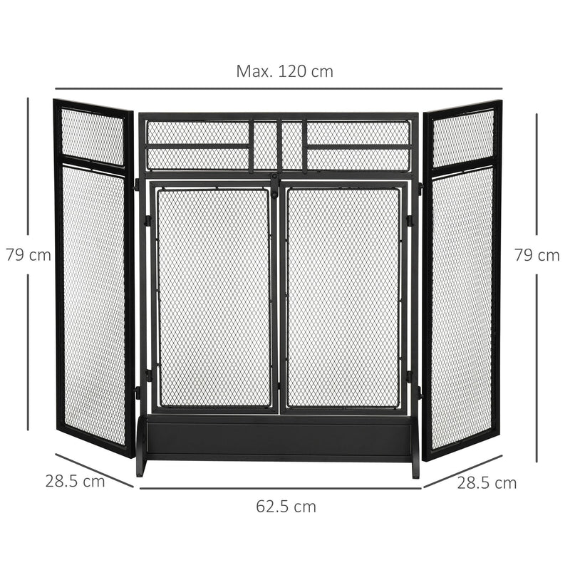 HOMCOM 3-Panel Folding Fireplace Screen with Door, Freestanding Spark Guard, Metal Mesh Fireguard, Black Door Mesh