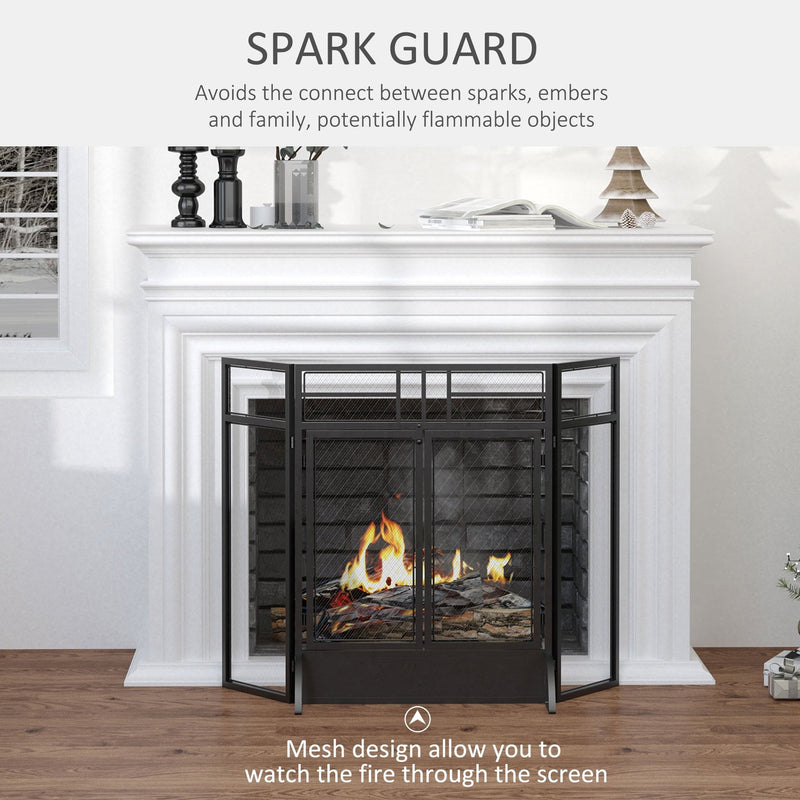 HOMCOM 3-Panel Folding Fireplace Screen with Door, Freestanding Spark Guard, Metal Mesh Fireguard, Black Door Mesh