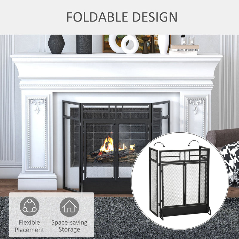 HOMCOM 3-Panel Folding Fireplace Screen with Door, Freestanding Spark Guard, Metal Mesh Fireguard, Black Door Mesh