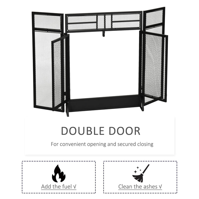 HOMCOM 3-Panel Folding Fireplace Screen with Door, Freestanding Spark Guard, Metal Mesh Fireguard, Black Door Mesh