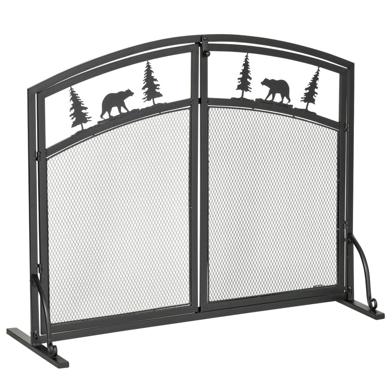 HOMCOM Fire Guard with Double Doors, Metal Mesh Fireplace Screen, Spark Flame Barrier with Tree Decoration for Living Room, Bedroom Decor Screen Room