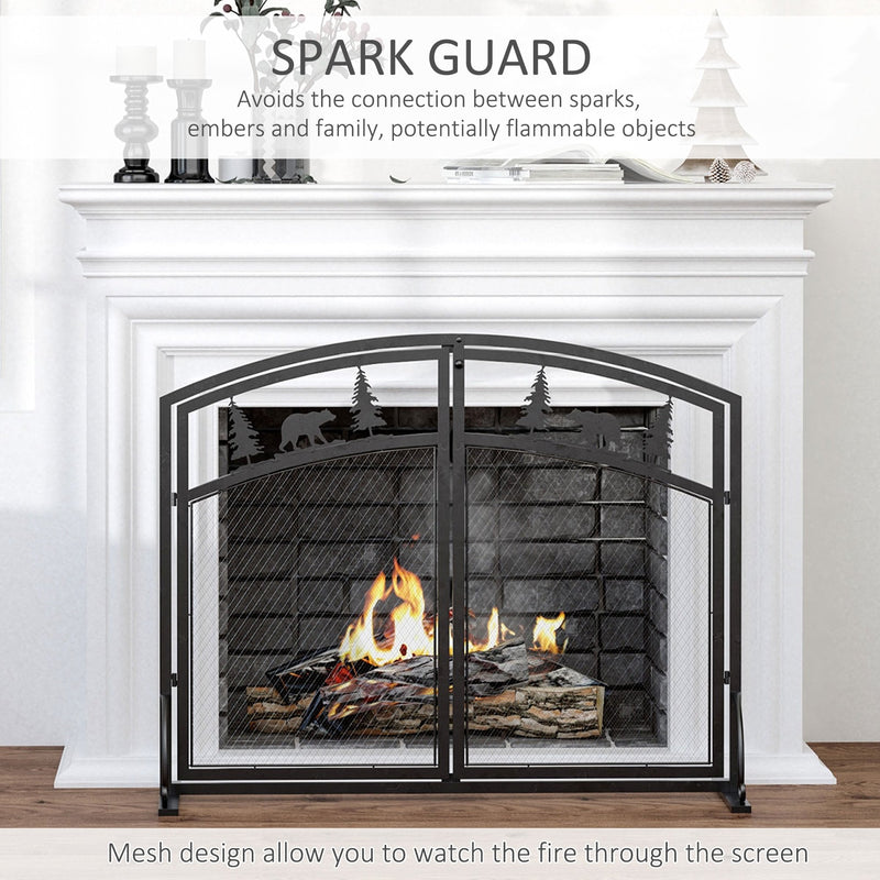HOMCOM Fire Guard with Double Doors, Metal Mesh Fireplace Screen, Spark Flame Barrier with Tree Decoration for Living Room, Bedroom Decor Screen Room