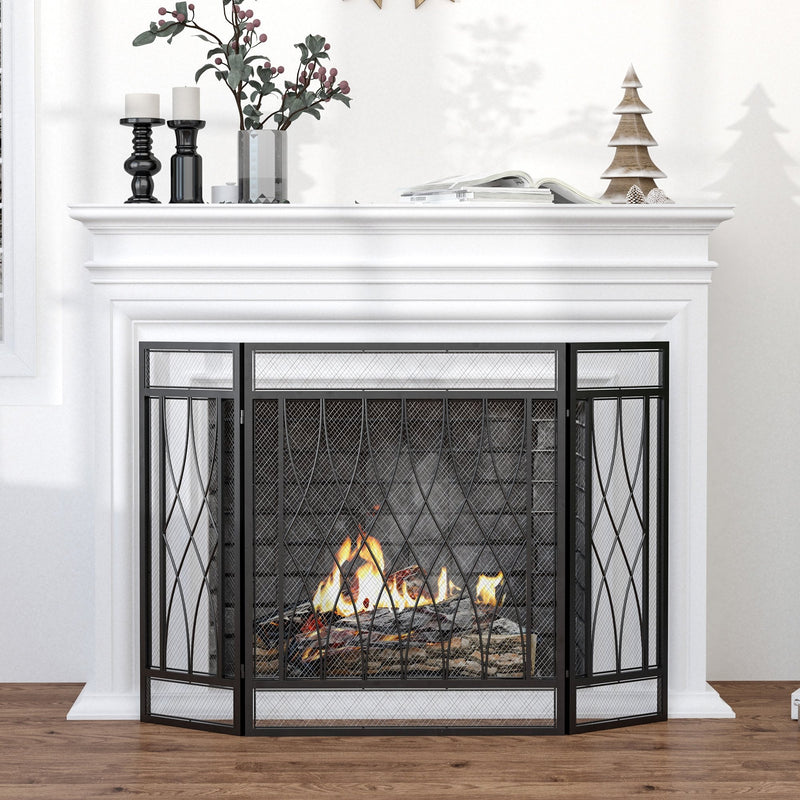 HOMCOM 3-Panel Folding Fireplace Screen, Metal Mesh Fire Spark Guard, 126L x 3W x 80H cm-Black