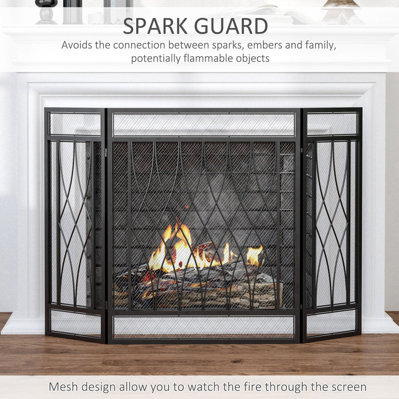 HOMCOM 3-Panel Folding Fireplace Screen, Metal Mesh Fire Spark Guard, 126L x 3W x 80H cm-Black