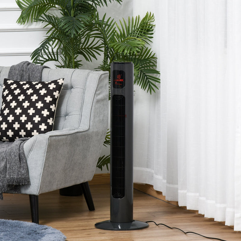 HOMCOM 38'' Freestanding Tower Fan, 3 Speed 3 Mode, 12h Timer, 70 Degree Oscillation, LED Panel, 5M Remote Controller, Dark Grey