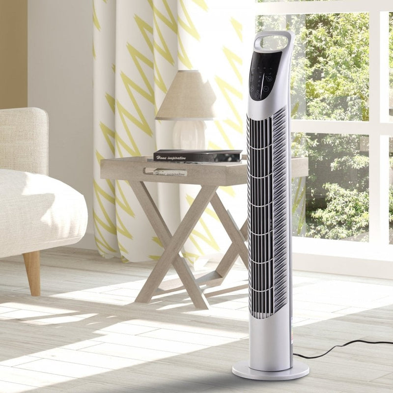 HOMCOM 40W Wind Speed Adjustable ABS Quiet Oscillating Tower Fan w/ Remote Silver