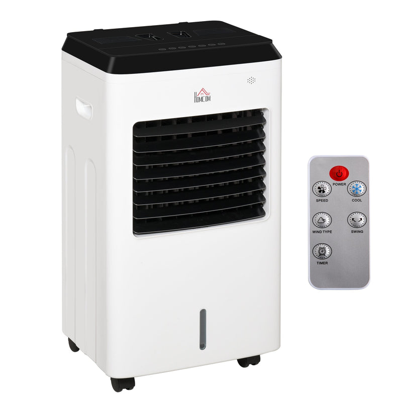 HOMCOM 3-IN-1 Portable Air Cooler, Heater, Humidifier with Ice Crystal Box, 3 Speed 3 Mode, 7.5 Hour Timer, Remote Controller Included, for Bedroom, Dorm, Office, White Cooler Heater Box 9 Settings Home Office