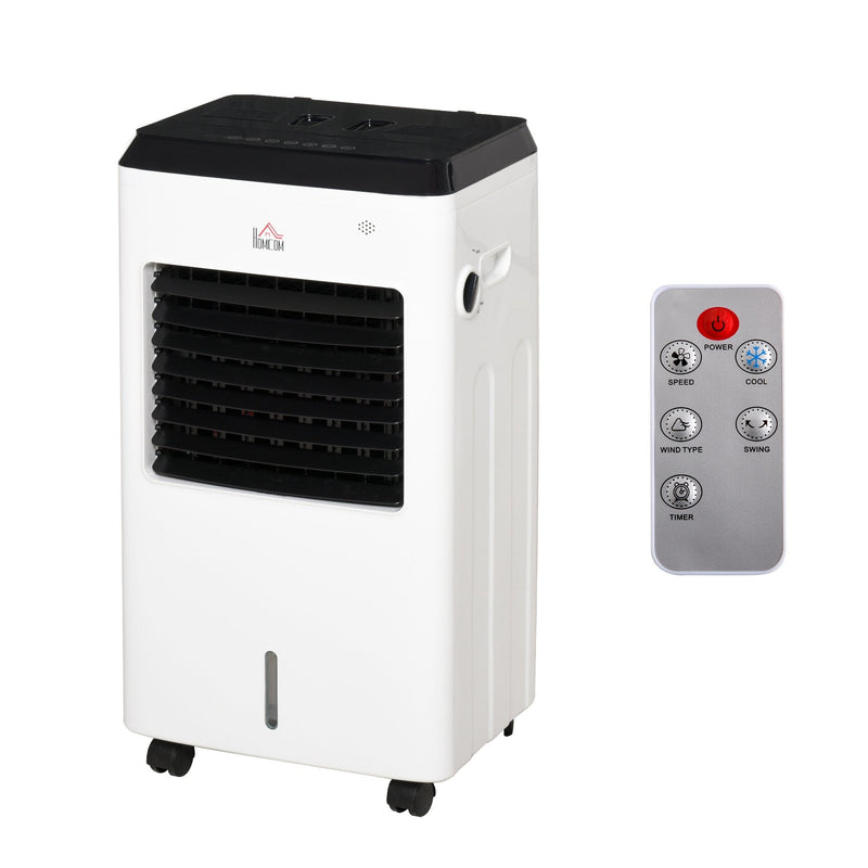 HOMCOM 3-IN-1 Portable Air Cooler, Heater, Humidifier with Ice Crystal Box, 3 Speed 3 Mode, 7.5 Hour Timer, Remote Controller Included, for Bedroom, Dorm, Office, White Cooler Heater Box 9 Settings Home Office