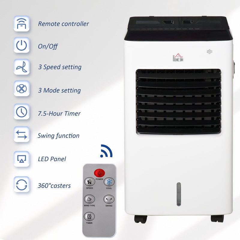 HOMCOM 3-IN-1 Portable Air Cooler, Heater, Humidifier with Ice Crystal Box, 3 Speed 3 Mode, 7.5 Hour Timer, Remote Controller Included, for Bedroom, Dorm, Office, White Cooler Heater Box 9 Settings Home Office