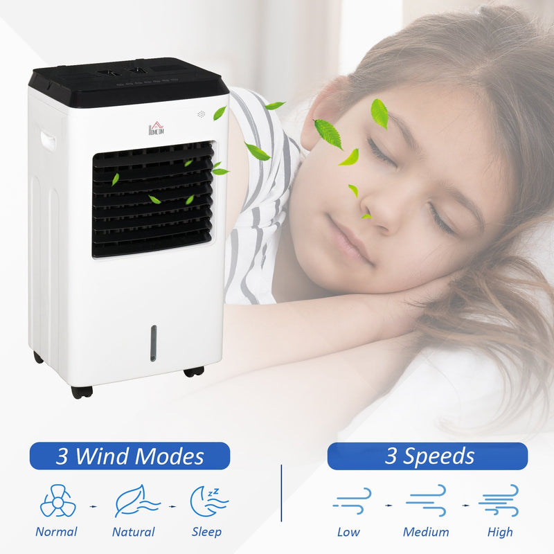 HOMCOM 3-IN-1 Portable Air Cooler, Heater, Humidifier with Ice Crystal Box, 3 Speed 3 Mode, 7.5 Hour Timer, Remote Controller Included, for Bedroom, Dorm, Office, White Cooler Heater Box 9 Settings Home Office