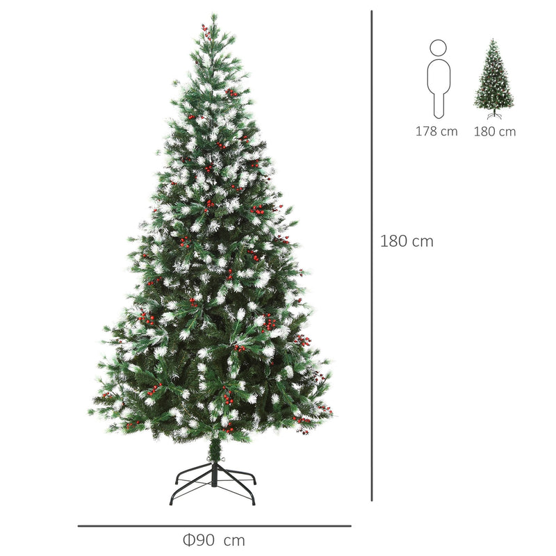 6ft Artificial Snow-Flocked Pine Tree Holiday Home Christmas Decoration with Red Berries, Automatic Open - Green