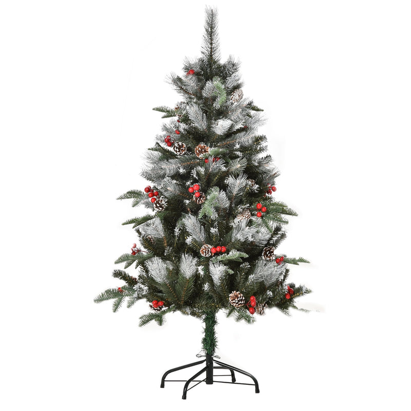 Green 4FT Artificial Snow Dipped Christmas Tree Xmas Pencil Tree Holiday Home Party Decoration With Foldable Feet Red Berries White Pinecones