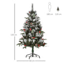 Green 4FT Artificial Snow Dipped Christmas Tree Xmas Pencil Tree Holiday Home Party Decoration With Foldable Feet Red Berries White Pinecones