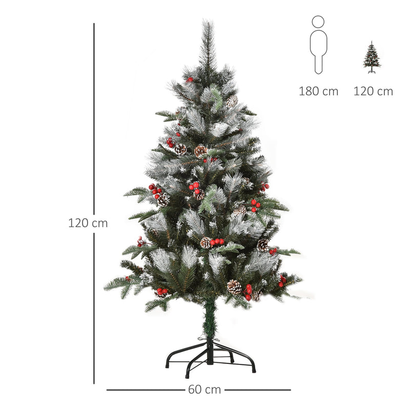 Green 4FT Artificial Snow Dipped Christmas Tree Xmas Pencil Tree Holiday Home Party Decoration With Foldable Feet Red Berries White Pinecones