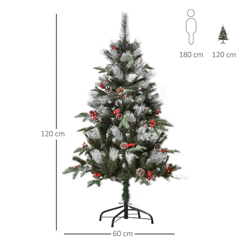 4FT Artificial Snow Dipped Christmas Tree Xmas Pencil Tree Holiday Home Party Decoration with Foldable Feet Red Berries White Pinecones, Green