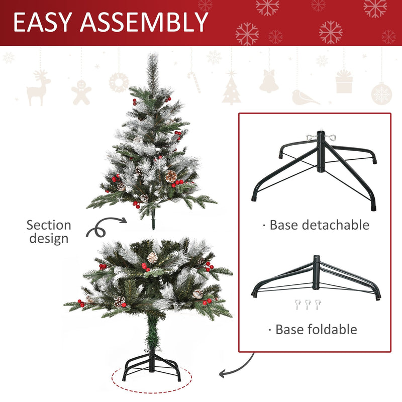 Green 4FT Artificial Snow Dipped Christmas Tree Xmas Pencil Tree Holiday Home Party Decoration With Foldable Feet Red Berries White Pinecones