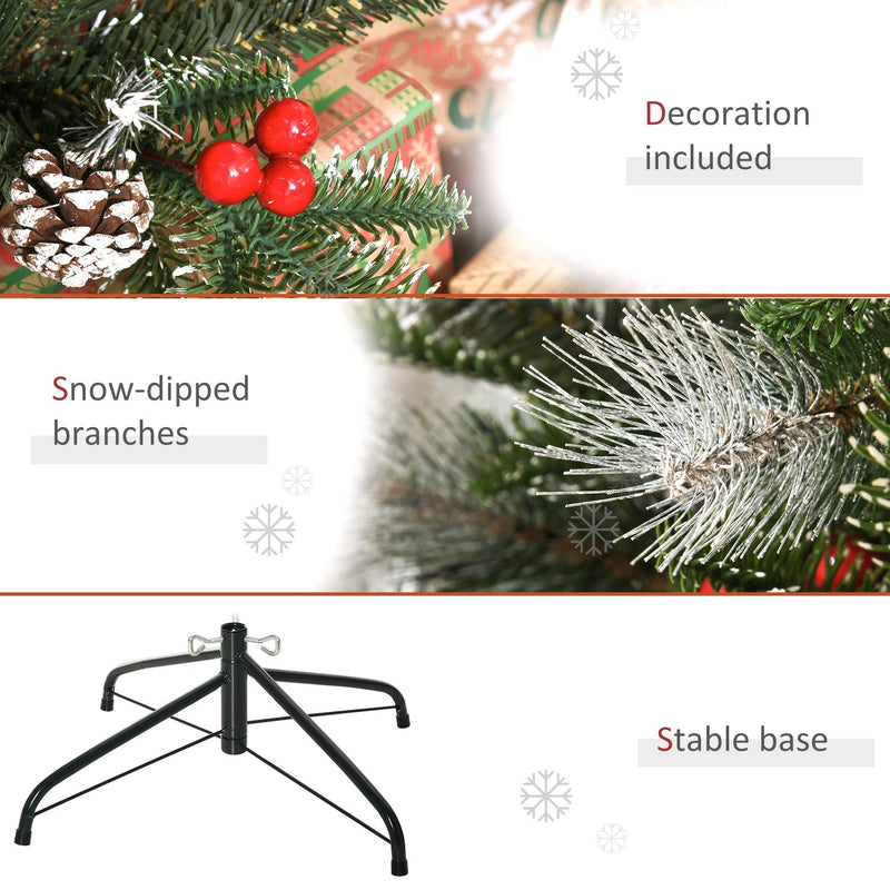 Green 4FT Artificial Snow Dipped Christmas Tree Xmas Pencil Tree Holiday Home Party Decoration With Foldable Feet Red Berries White Pinecones
