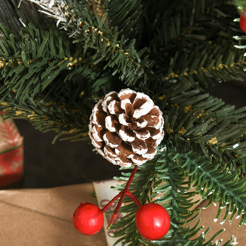 Green 4FT Artificial Snow Dipped Christmas Tree Xmas Pencil Tree Holiday Home Party Decoration With Foldable Feet Red Berries White Pinecones