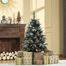 Green 4FT Artificial Snow Dipped Christmas Tree Xmas Pencil Tree Holiday Home Party Decoration With Foldable Feet Red Berries White Pinecones