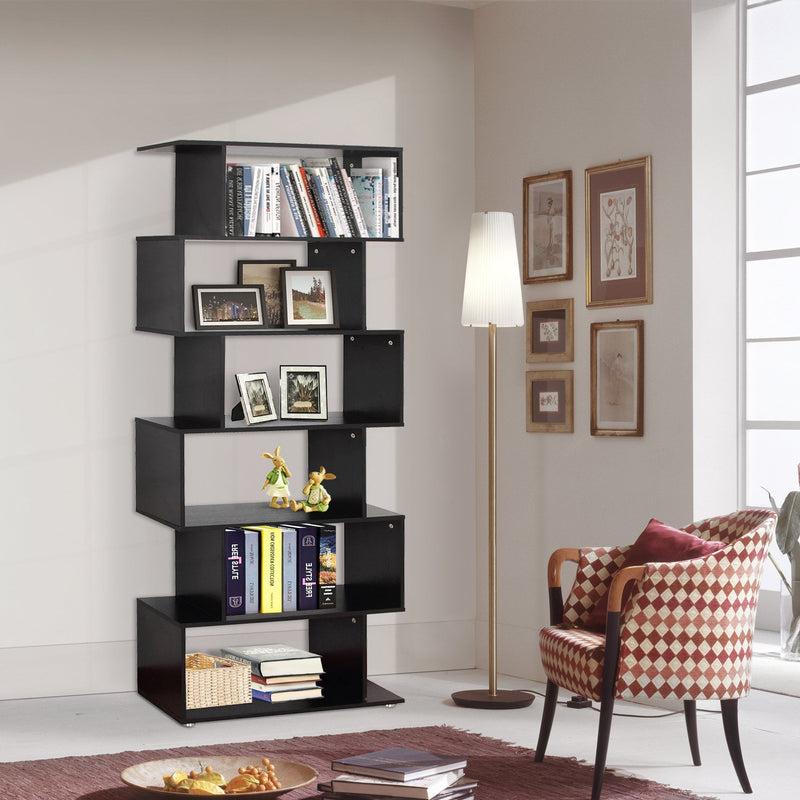 6 Shelves Bookshelf Wooden S Shape Storage Display Room Divider Unit Chest Cupboard Cabinet-Black