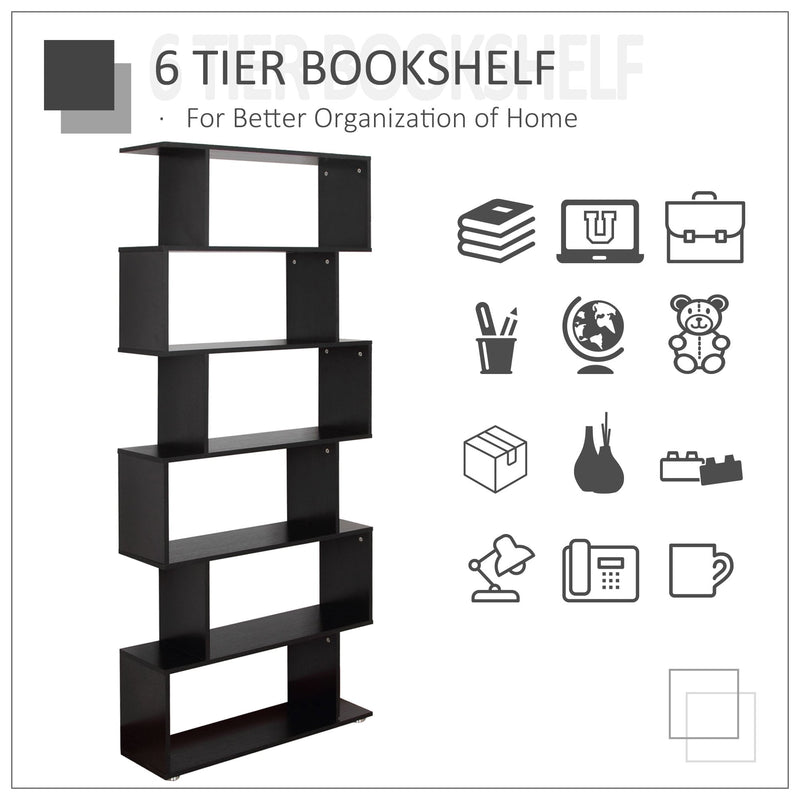 6 Shelves Bookshelf Wooden S Shape Storage Display Room Divider Unit Chest Cupboard Cabinet-Black