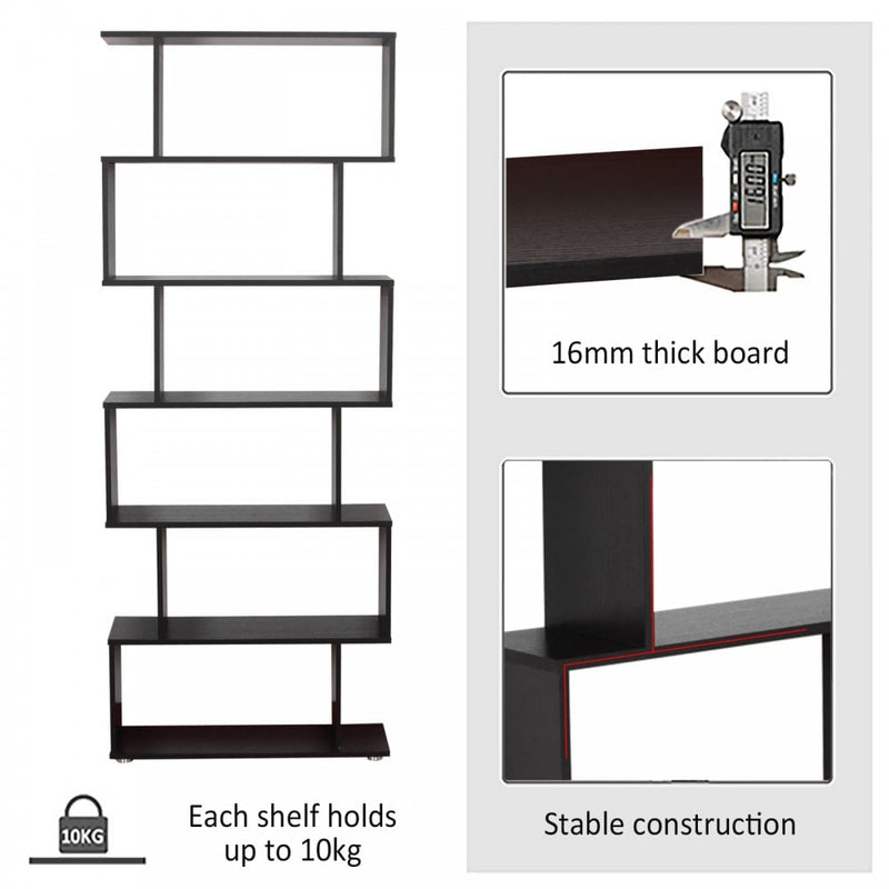 6 Shelves Bookshelf Wooden S Shape Storage Display Room Divider Unit Chest Cupboard Cabinet-Black