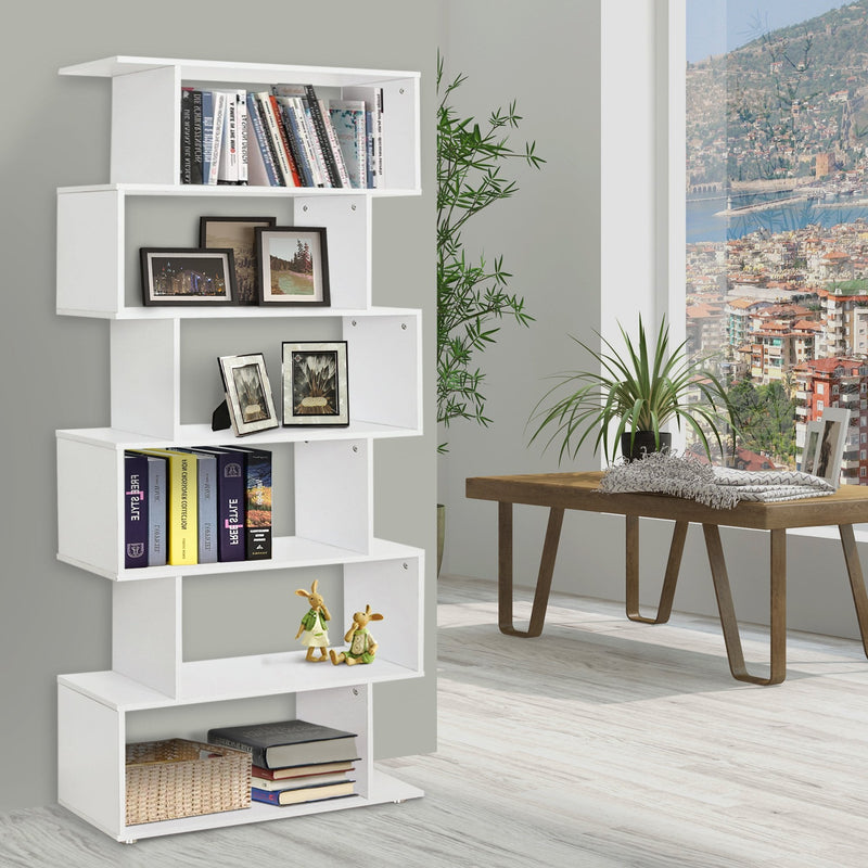 Wooden S Shape Bookcase Storage Display 6 Shelves Room Divider Unit Chest Cupboard Cabinet-White