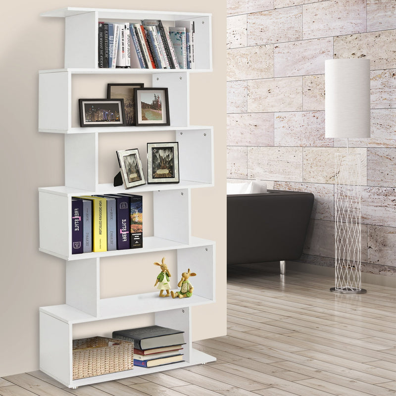 Wooden S Shape Bookcase Storage Display 6 Shelves Room Divider Unit Chest Cupboard Cabinet-White