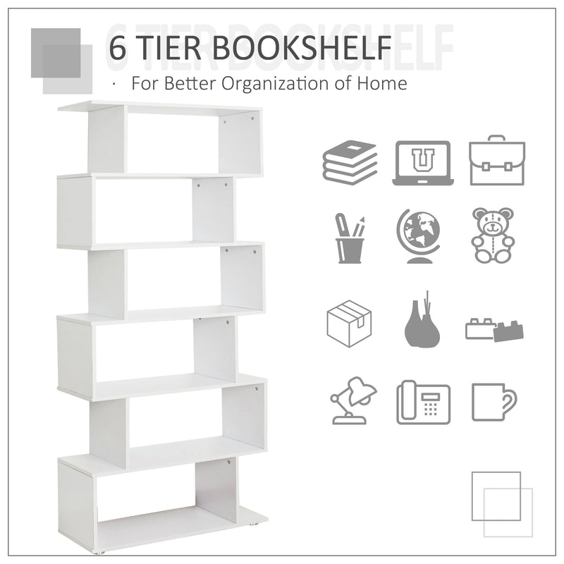 Wooden S Shape Bookcase Storage Display 6 Shelves Room Divider Unit Chest Cupboard Cabinet-White