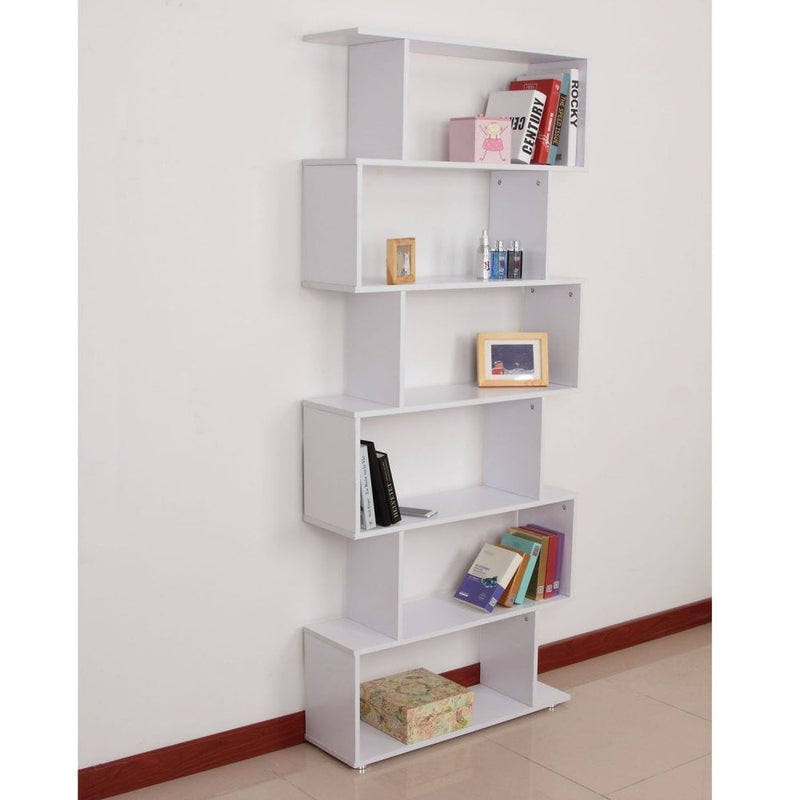 Wooden S Shape Bookcase Storage Display 6 Shelves Room Divider Unit Chest Cupboard Cabinet-White