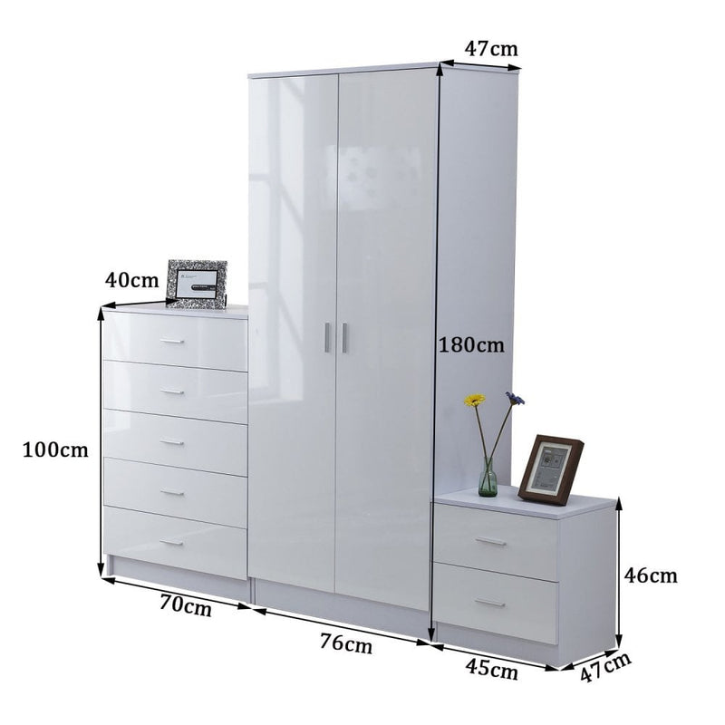 Tall White High Gloss Wardrobes 3 Pc Home Furniture Set Chest Bedside Table 7 Drawer