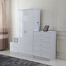 Tall White High Gloss Wardrobes 3 Pc Home Furniture Set Chest Bedside Table 7 Drawer
