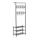 Metal 18 Hooks 3 Tier Coat and Shoe Rack Stand Hat Clothes Organizer Umbrella Stands Entrance Hanger Hall Shelves - Black