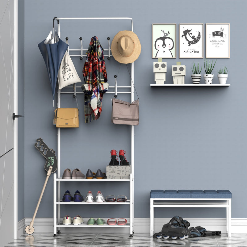 Entryway Coat Hanger Metal Multi-purpose 18 Hooks 3 Tier Shoes Rack Stand Hat Clothes Organizer Umbrella Stands - White
