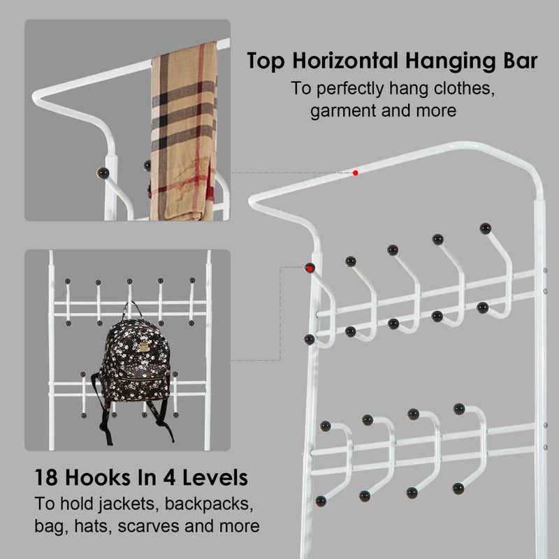 Entryway Coat Hanger Metal Multi-purpose 18 Hooks 3 Tier Shoes Rack Stand Hat Clothes Organizer Umbrella Stands - White