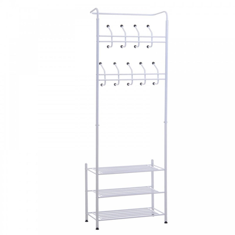 Entryway Coat Hanger Metal Multi-purpose 18 Hooks 3 Tier Shoes Rack Stand Hat Clothes Organizer Umbrella Stands - White