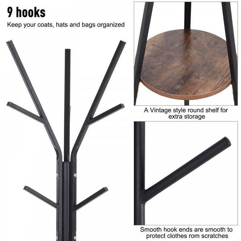 Free Standing Metal Coat Rack Stand 9 Hooks w/ Shelf - Brown