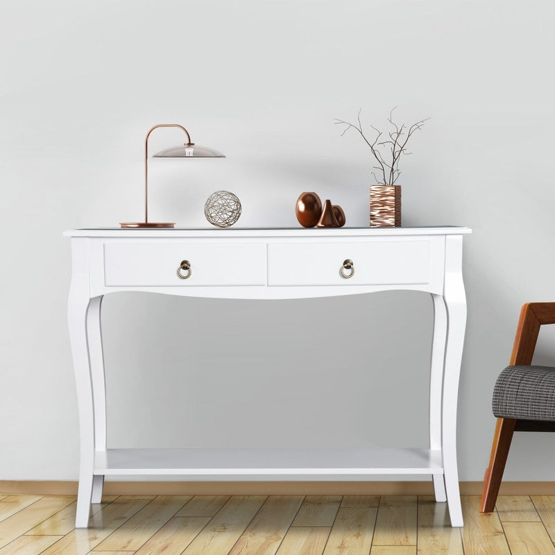 Console Table Storage Display Desk W/ 2 Drawers-Ivory White