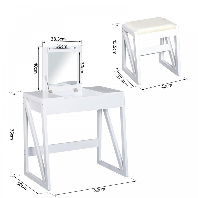 Dressing Table with Cushioned Stool, MDF, Pine-White